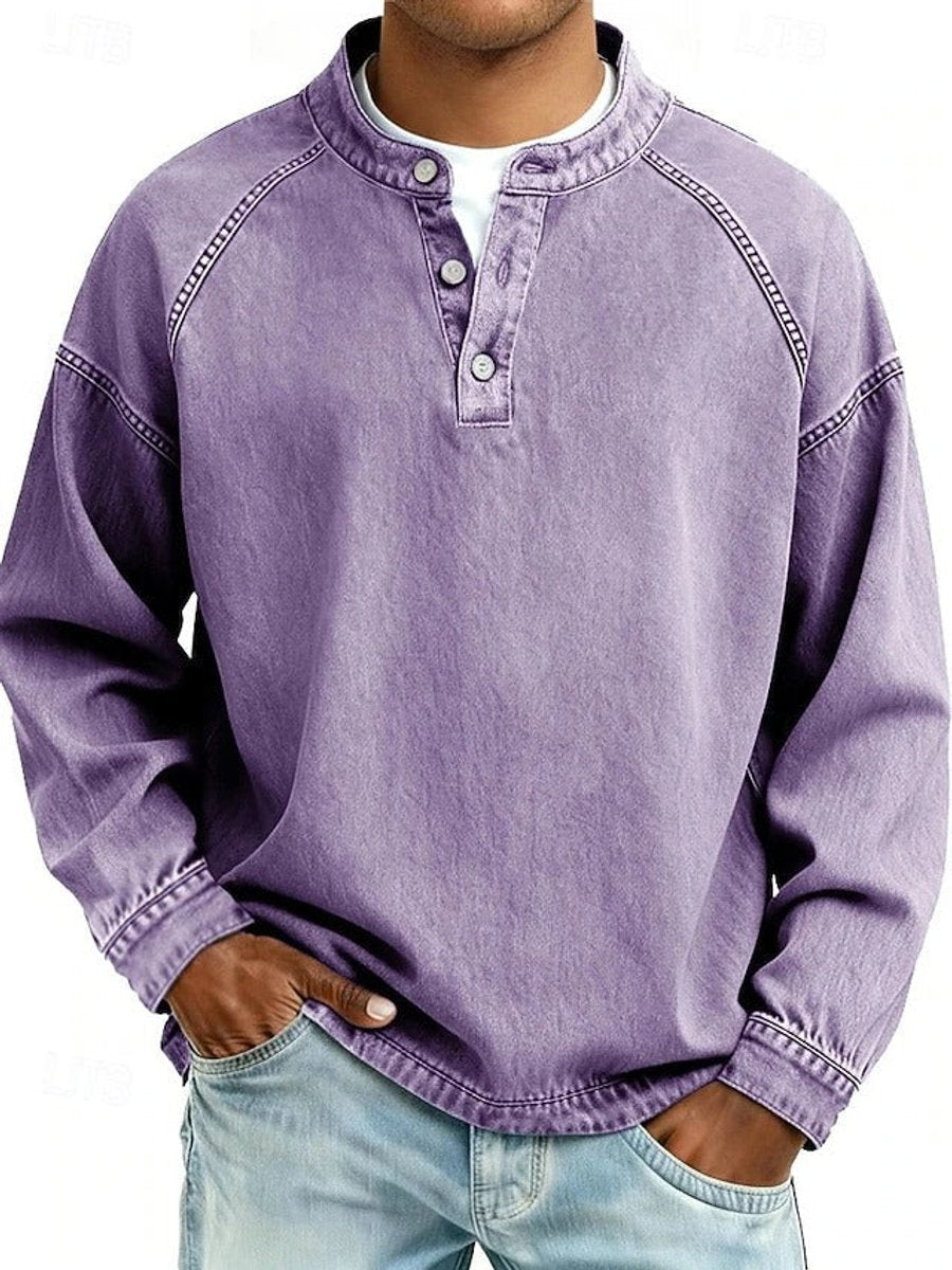 Men's Casual Washed Look Button Placket Henley Pullover