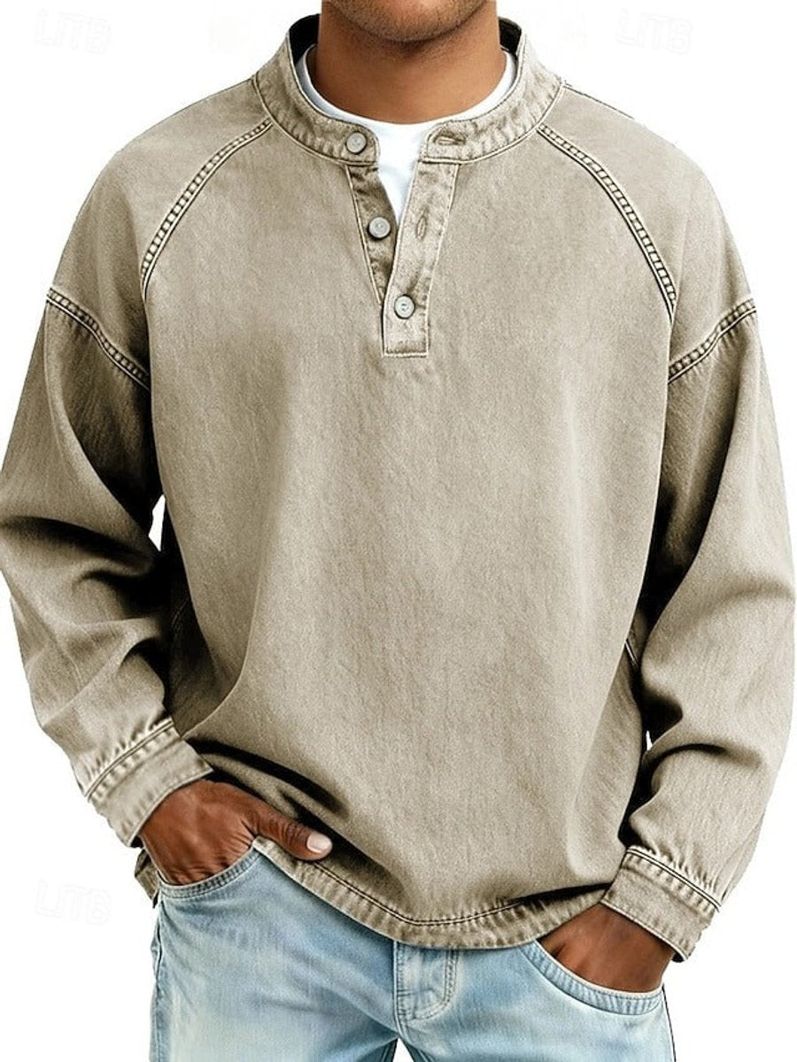 Men's Casual Washed Look Button Placket Henley Pullover