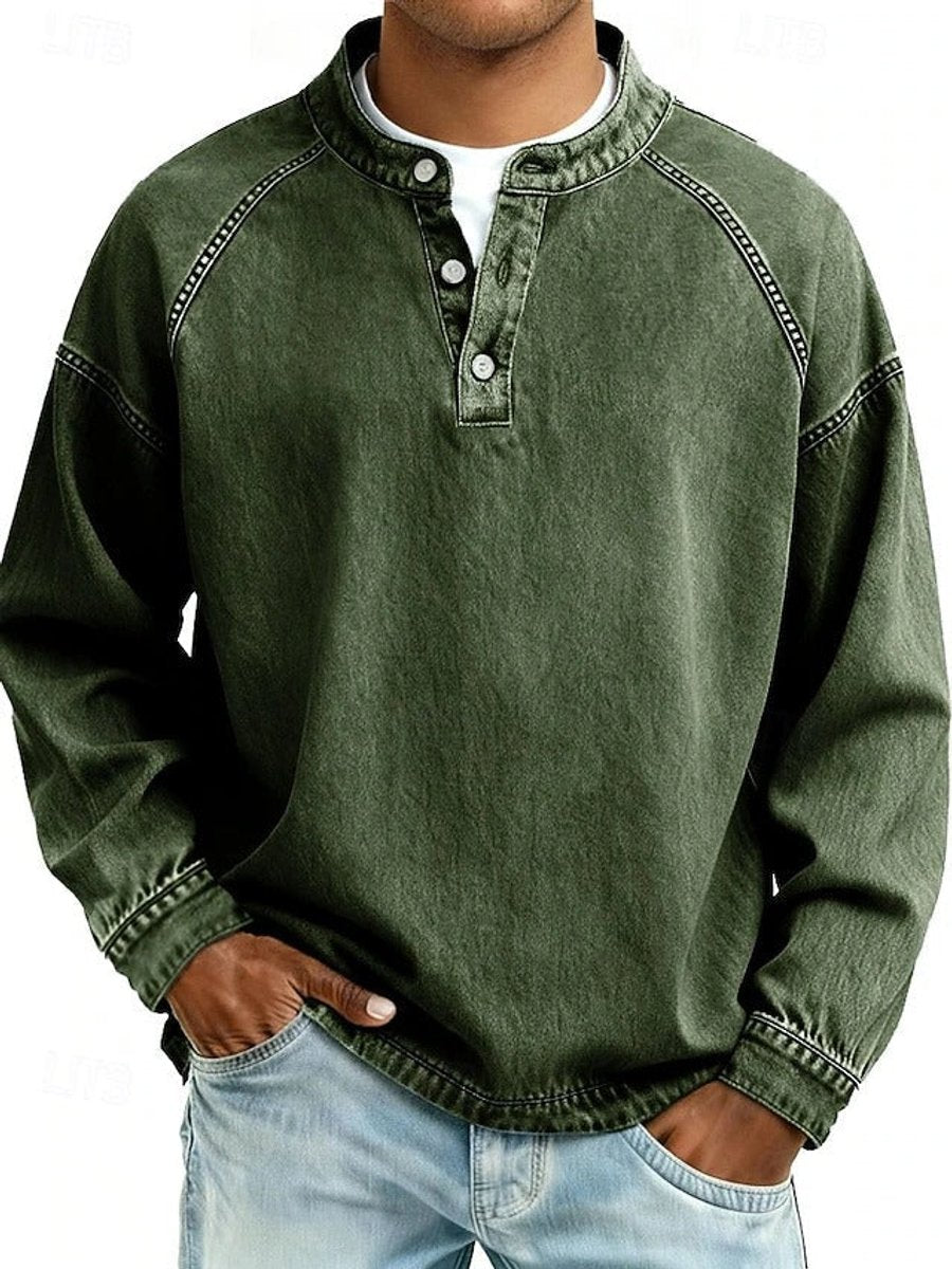 Men's Casual Washed Look Button Placket Henley Pullover