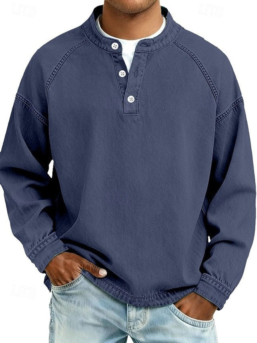 Men's Casual Washed Look Button Placket Henley Pullover
