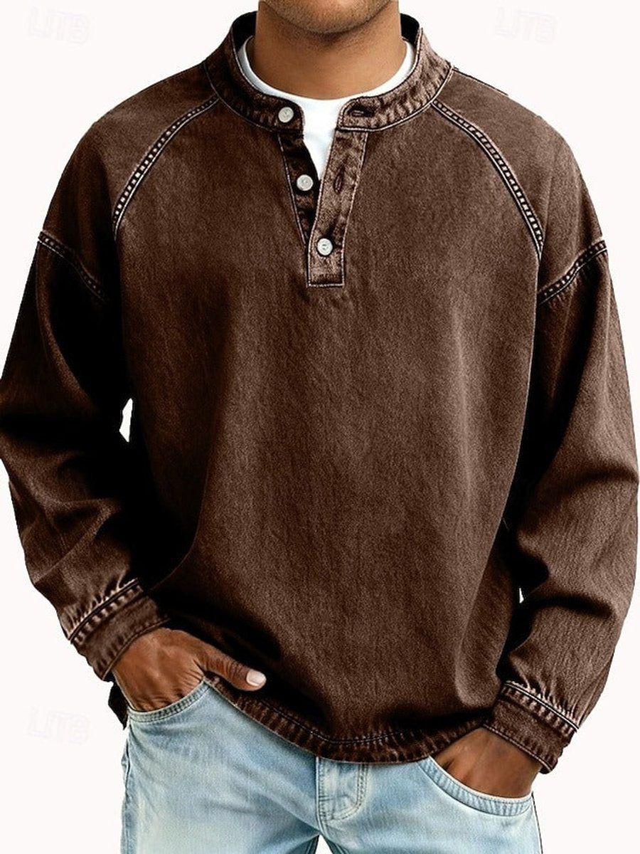 Men's Casual Washed Look Button Placket Henley Pullover