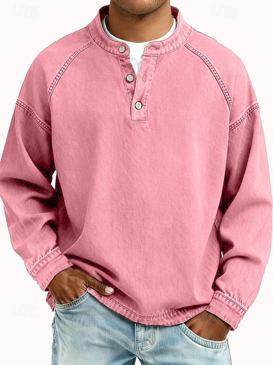 Men's Casual Washed Look Button Placket Henley Pullover