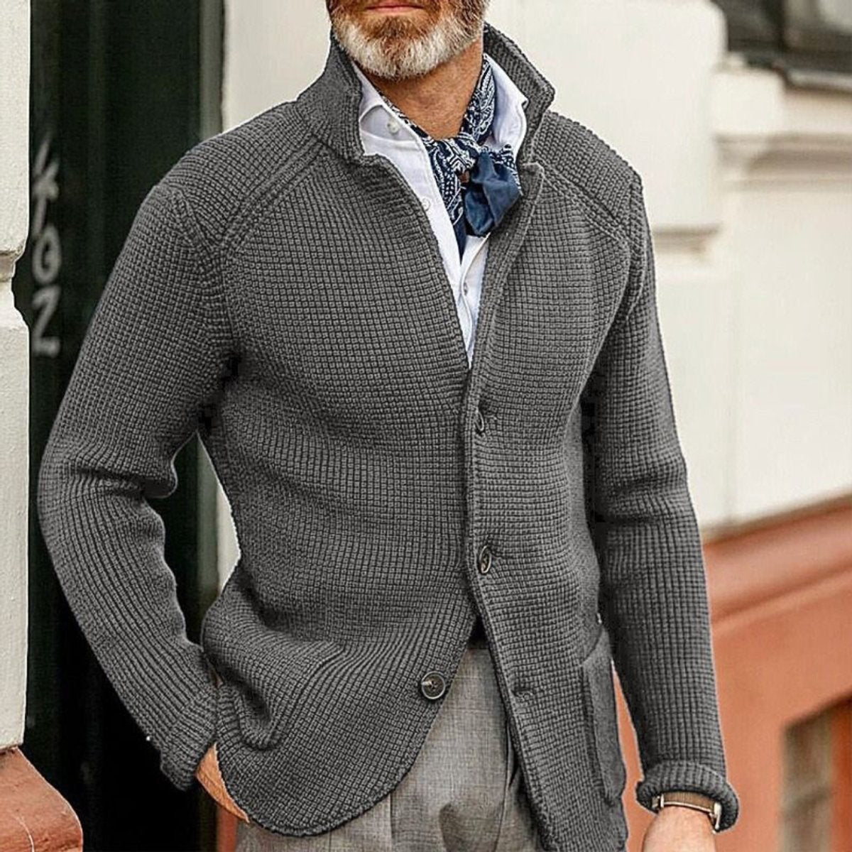 Men's Structured Waffle Stitch Buttoned Layering Cardigan