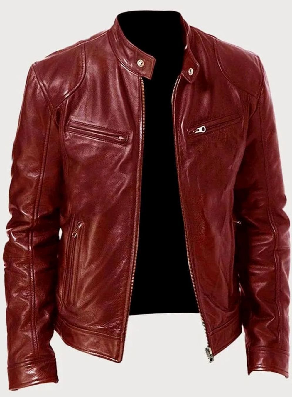 Men's Stand-Collar Vegan Leather Moto Zip Jacket