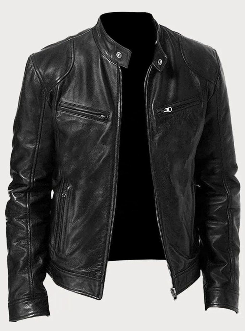 Men's Stand-Collar Vegan Leather Moto Zip Jacket