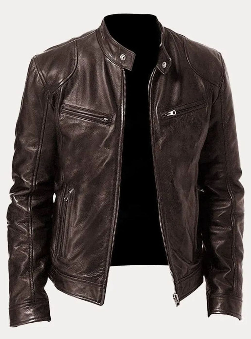 Men's Stand-Collar Vegan Leather Moto Zip Jacket