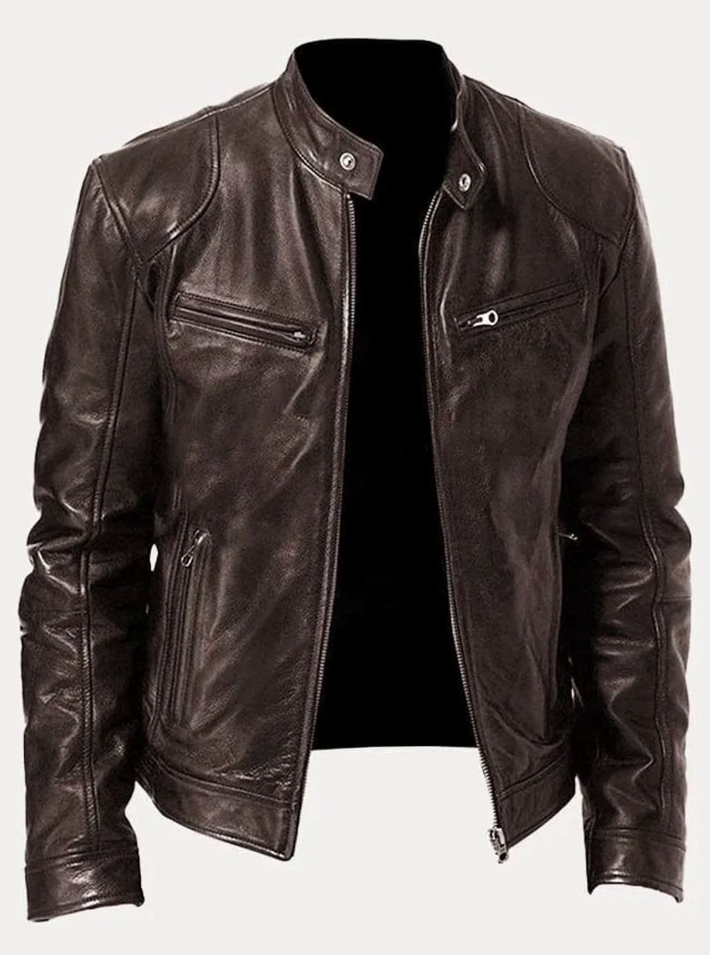 Men's Stand-Collar Vegan Leather Moto Zip Jacket
