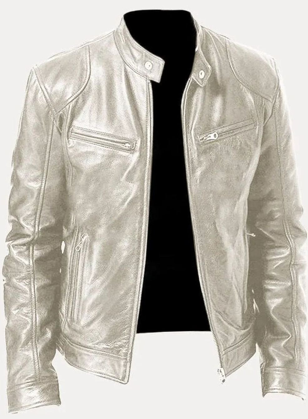 Men's Stand-Collar Vegan Leather Moto Zip Jacket