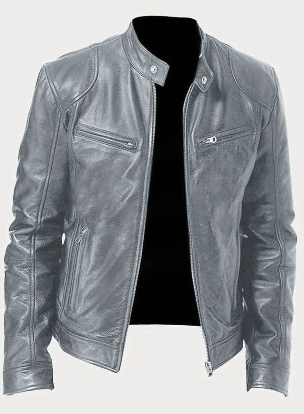 Men's Stand-Collar Vegan Leather Moto Zip Jacket