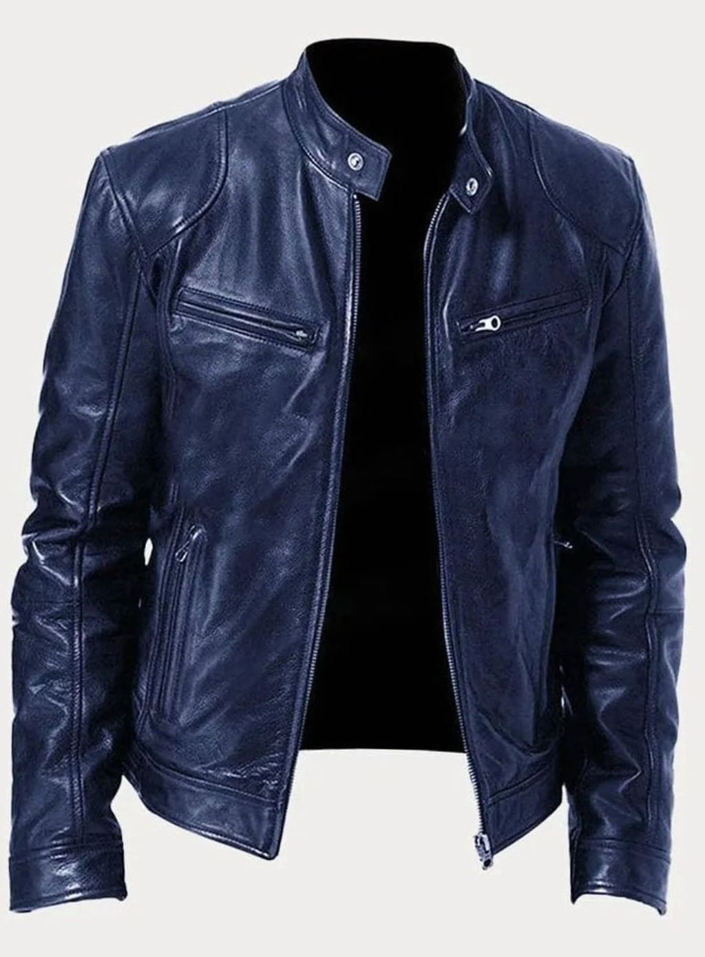 Men's Stand-Collar Vegan Leather Moto Zip Jacket