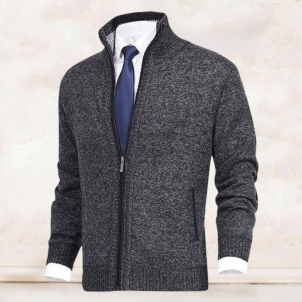 Men's Warm Zip-Front Fleece Interior Collared Cardigan