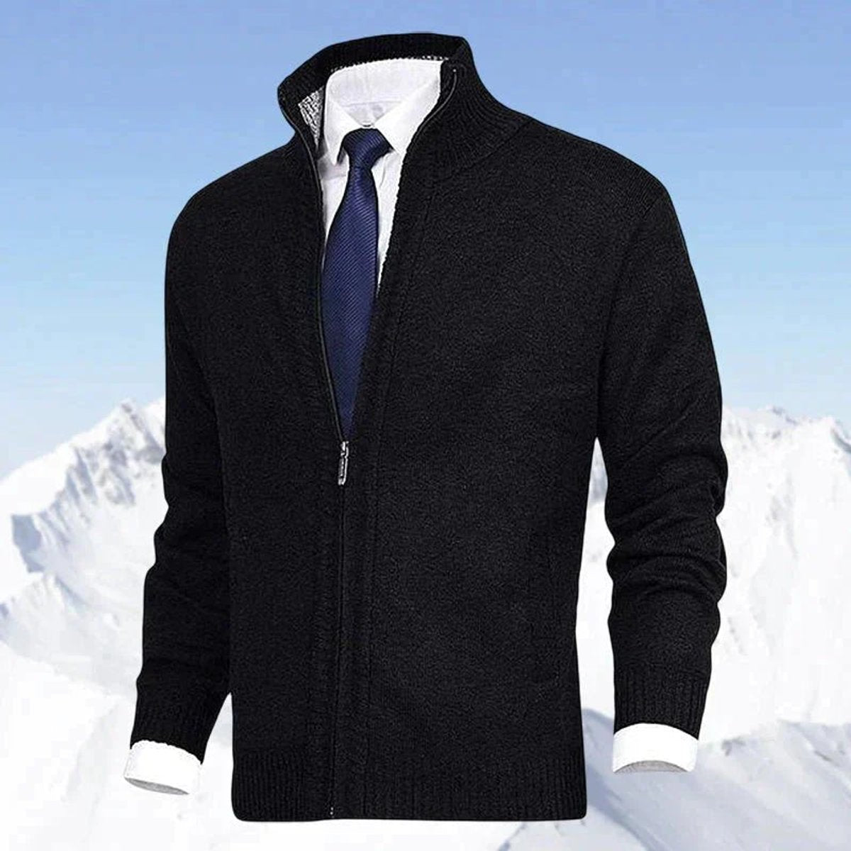 Men's Warm Zip-Front Fleece Interior Collared Cardigan
