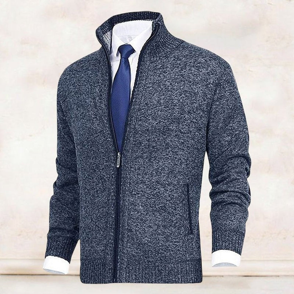 Men's Warm Zip-Front Fleece Interior Collared Cardigan
