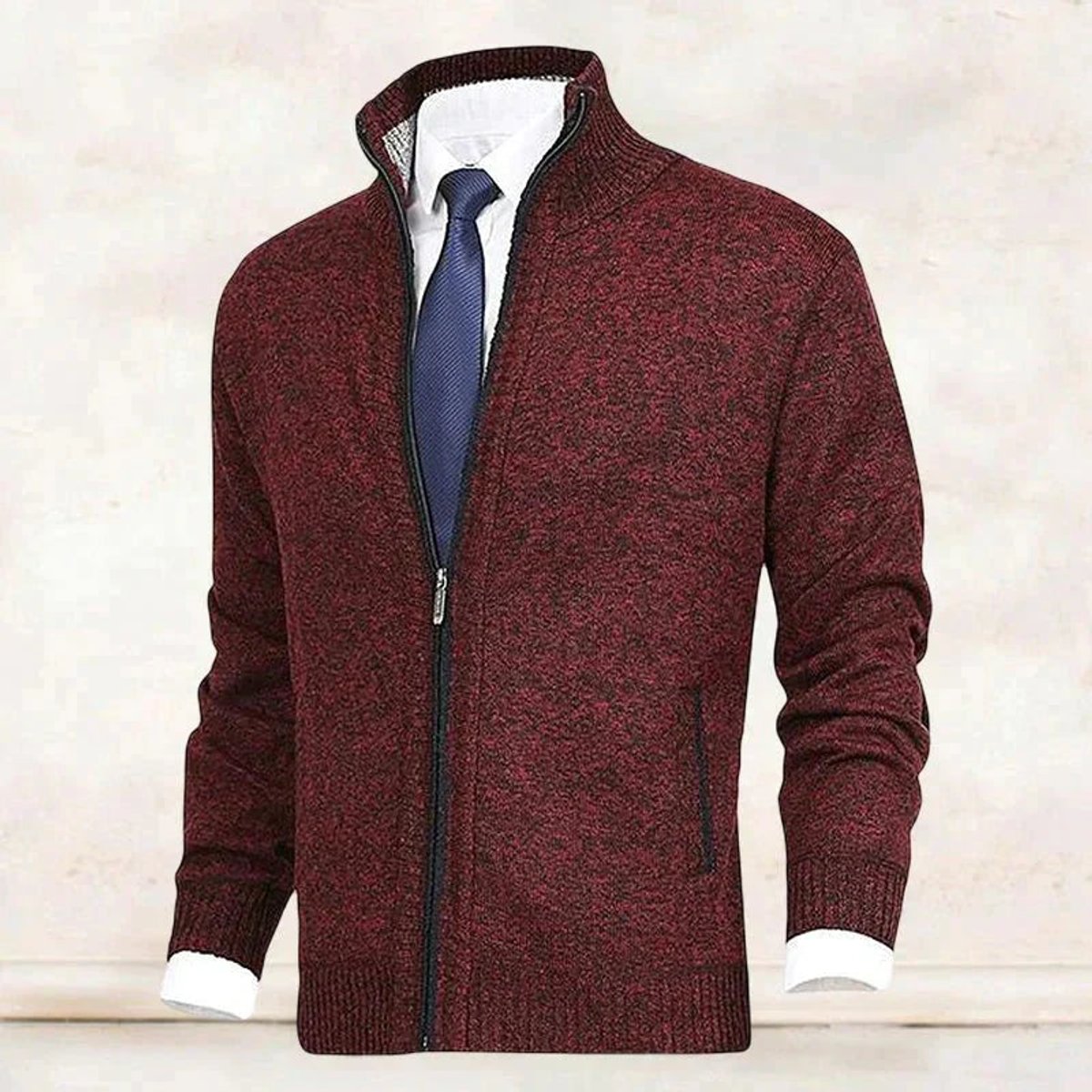 Men's Warm Zip-Front Fleece Interior Collared Cardigan