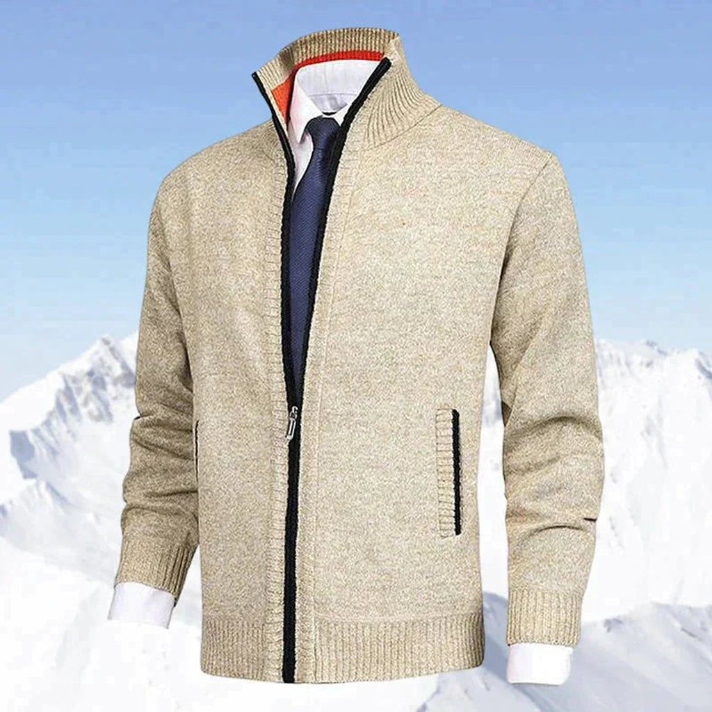 Men's Warm Zip-Front Fleece Interior Collared Cardigan