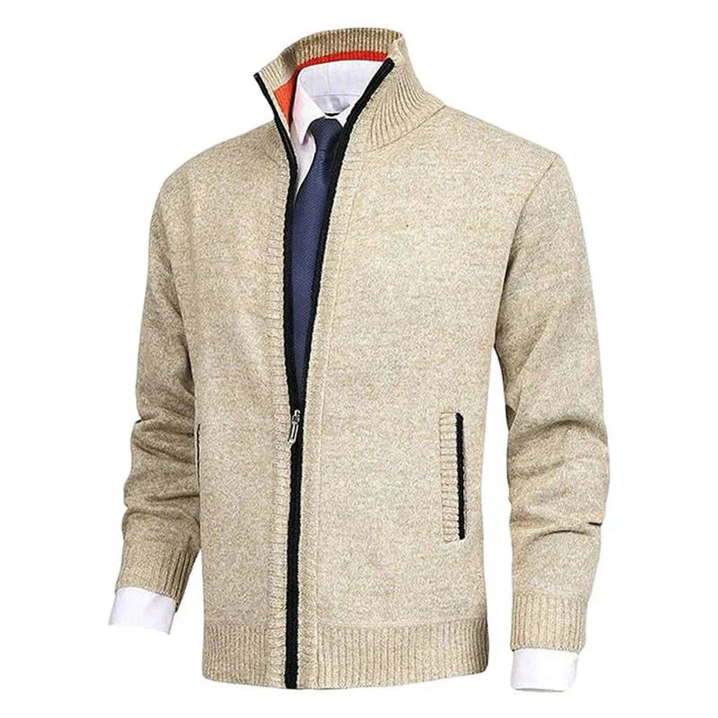 Men's Warm Zip-Front Fleece Interior Collared Cardigan
