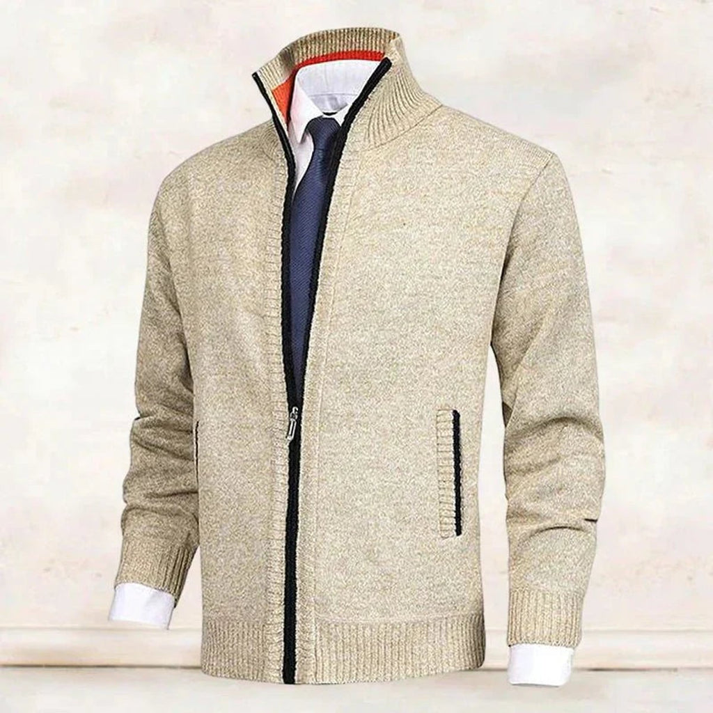 Men's Warm Zip-Front Fleece Interior Collared Cardigan