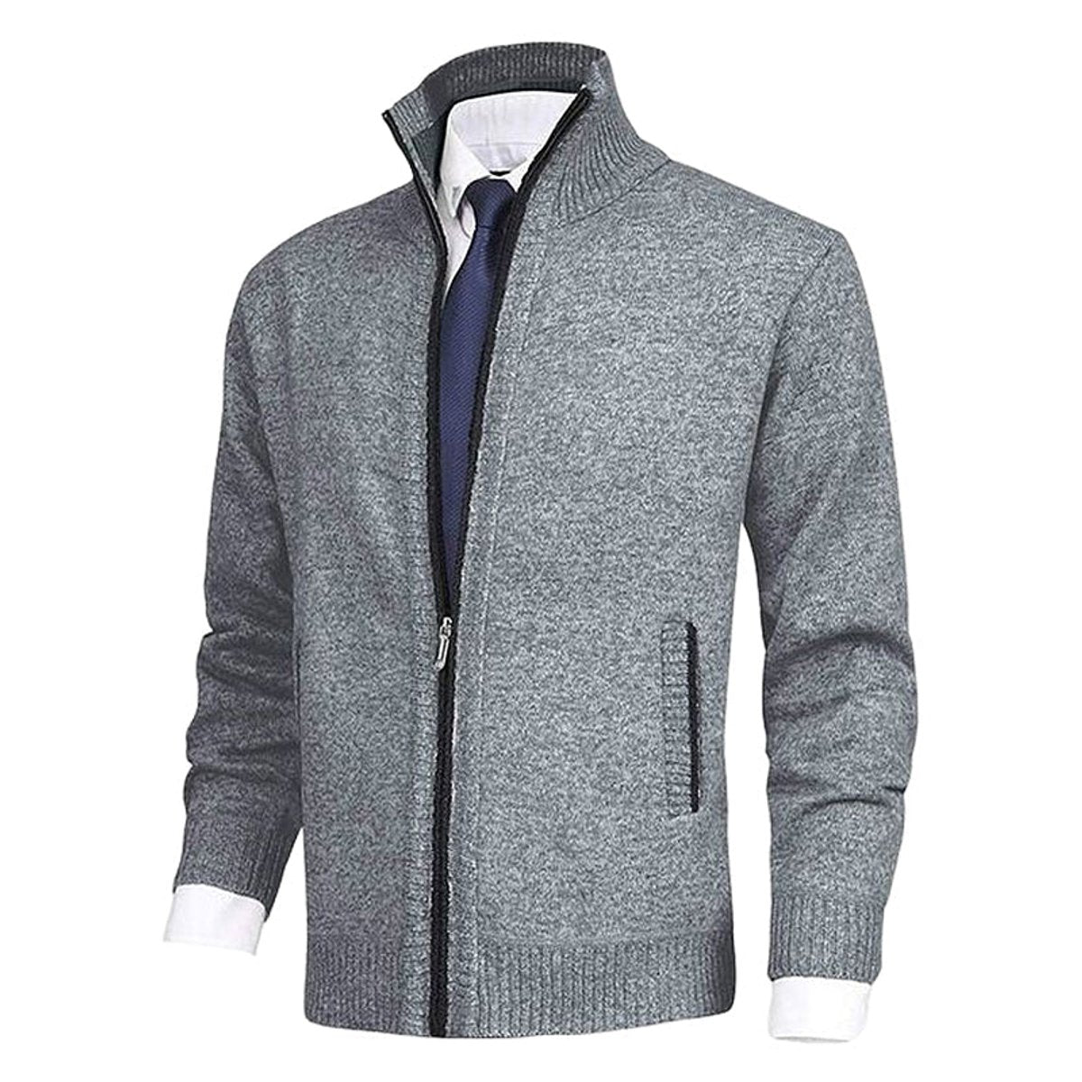 Men's Warm Zip-Front Fleece Interior Collared Cardigan