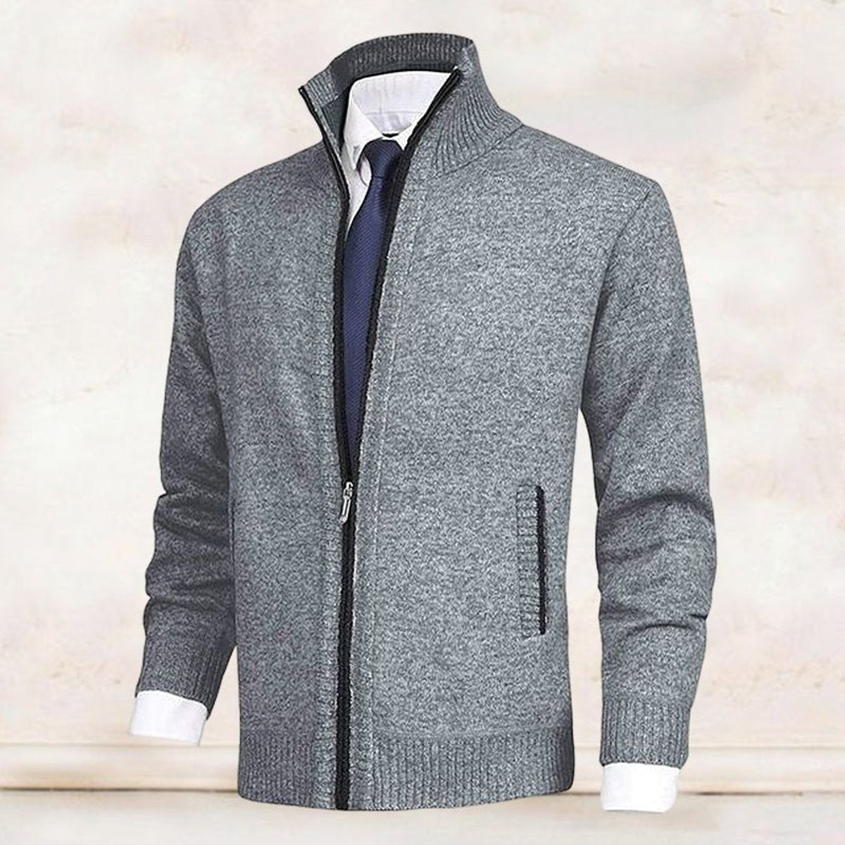 Men's Warm Zip-Front Fleece Interior Collared Cardigan