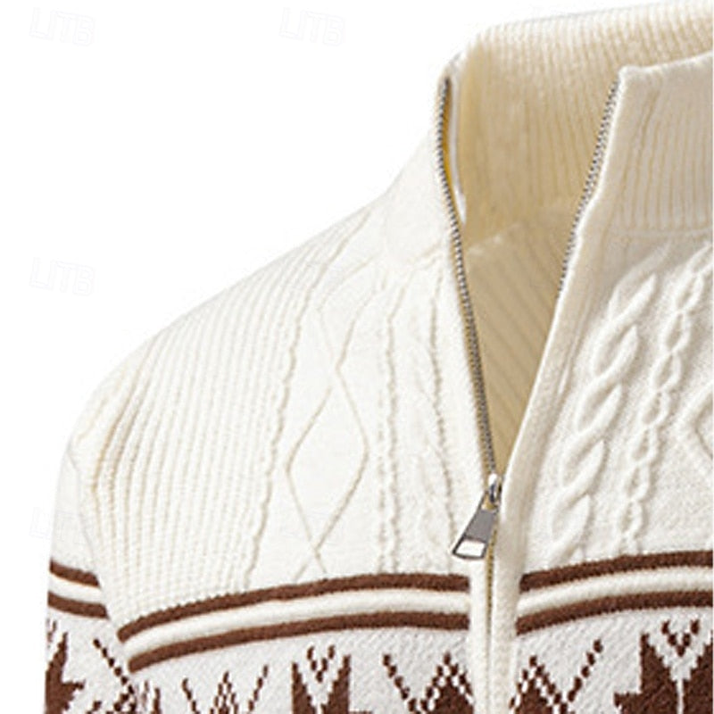 Men's Ribbed Knit Fair Isle Zipper Cardigan Sweater