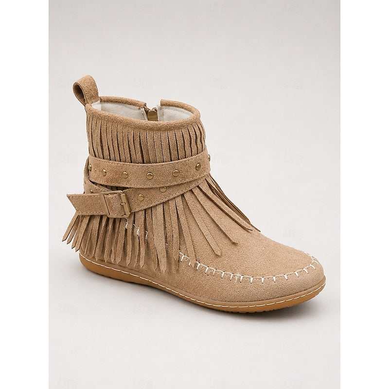 Women's Western Inspired Moccasin Style Ankle Boots with Fringe
