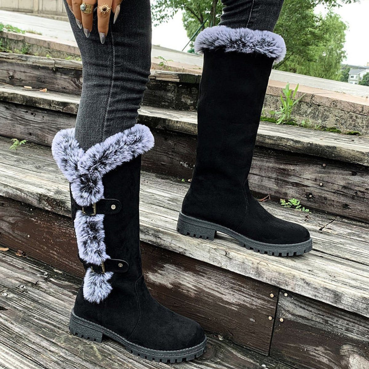 Women's Warm Suede-Look Knee-High Boots with Plush Cuff