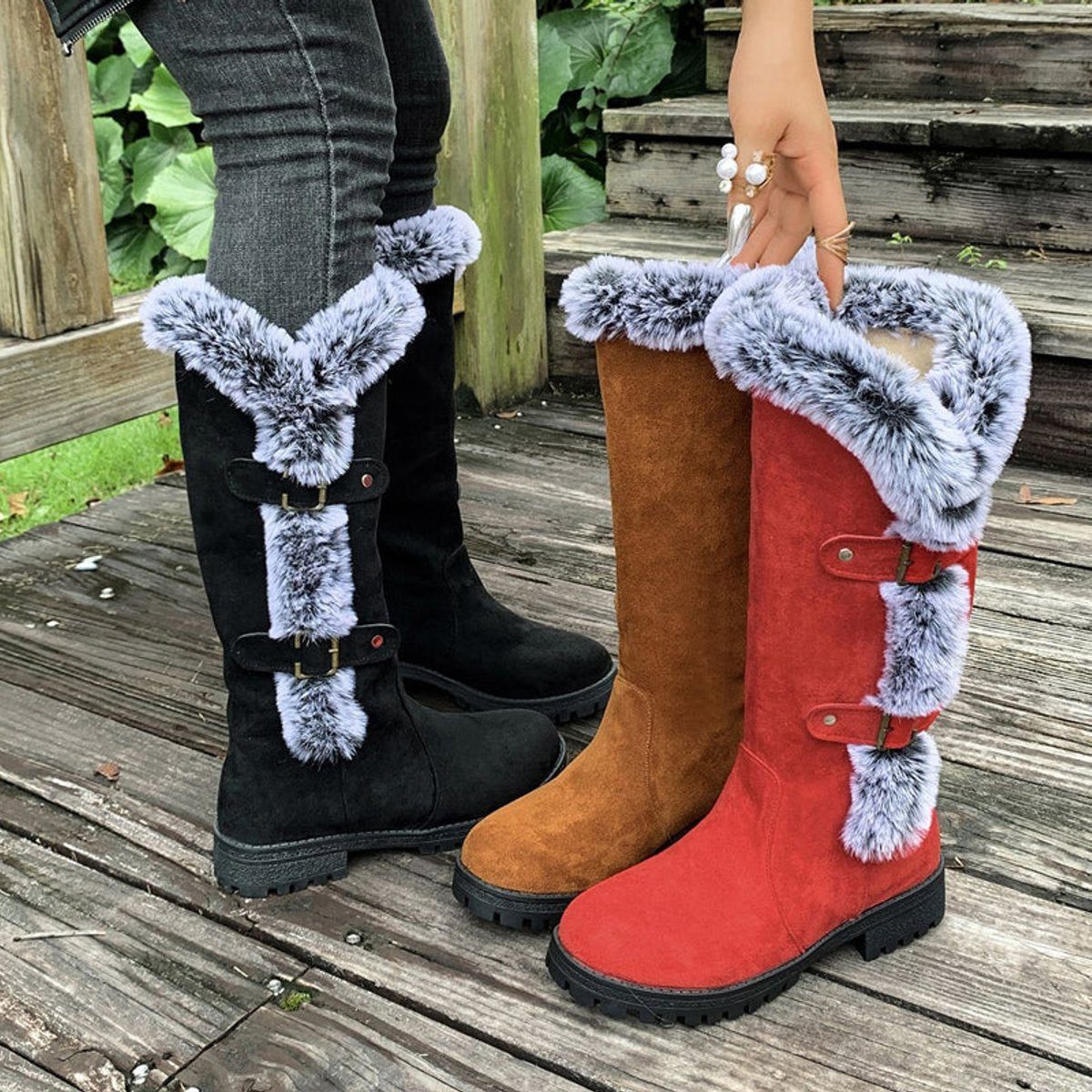 Women's Warm Suede-Look Knee-High Boots with Plush Cuff