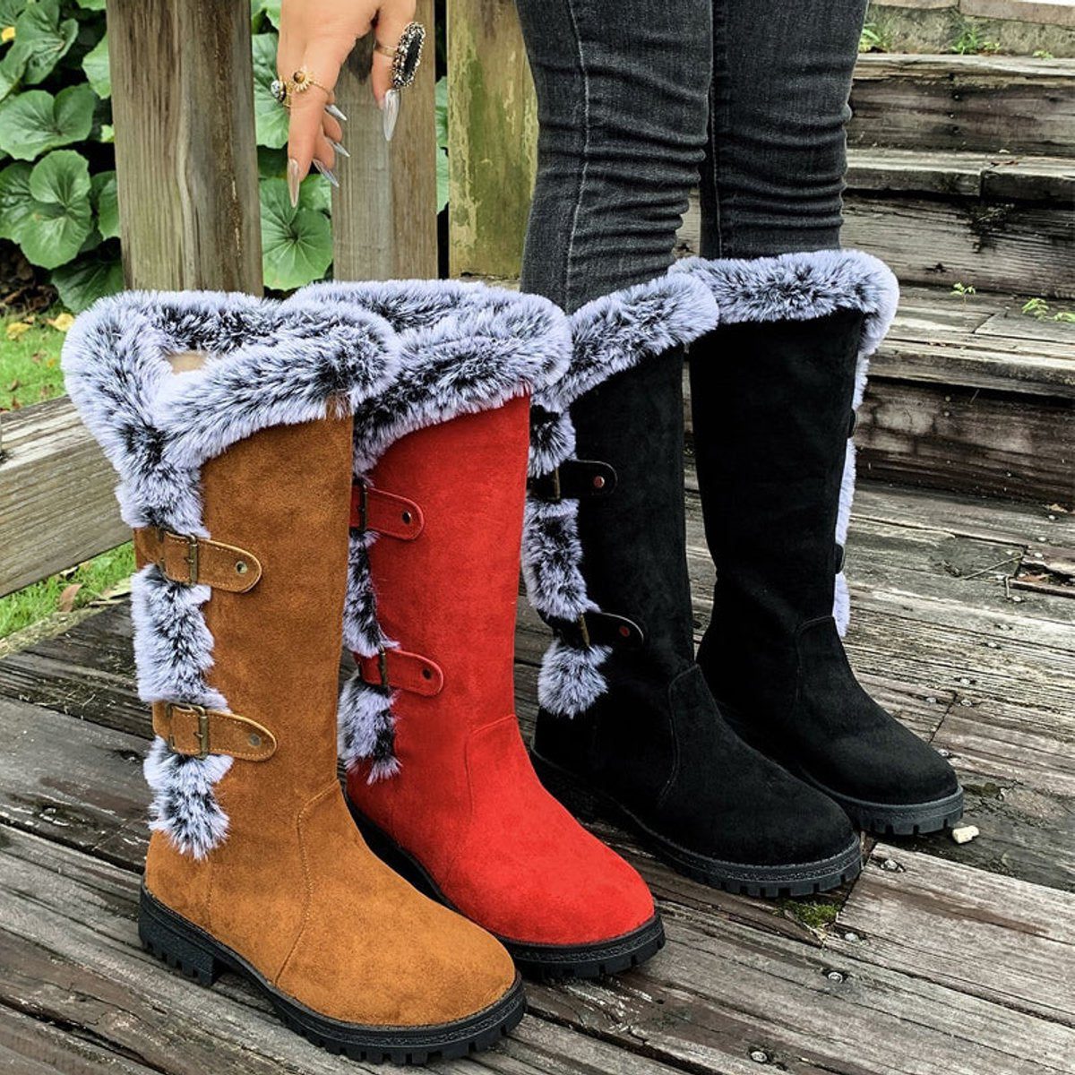 Women's Warm Suede-Look Knee-High Boots with Plush Cuff