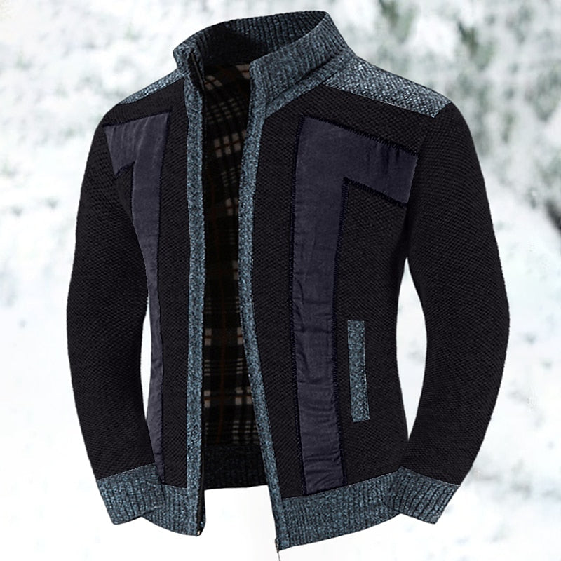 Men's Pocketed Zip-Up Lined Blocked Knit Cardigan Coat