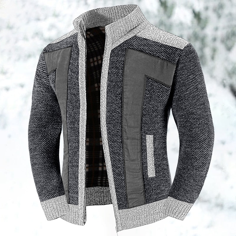 Men's Pocketed Zip-Up Lined Blocked Knit Cardigan Coat