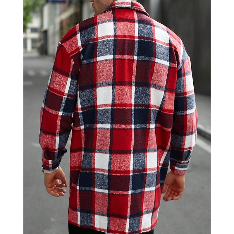 Men's Button-Front Checked Shirt Jacket with Pockets