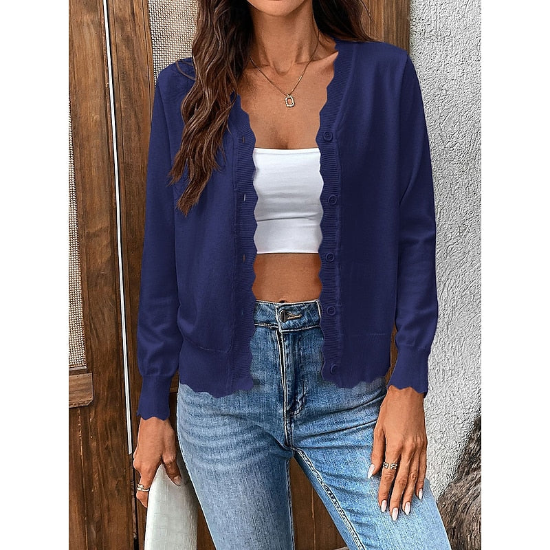 Women's Light Knit Scallop Edge Front-Button Cardigan Sweater