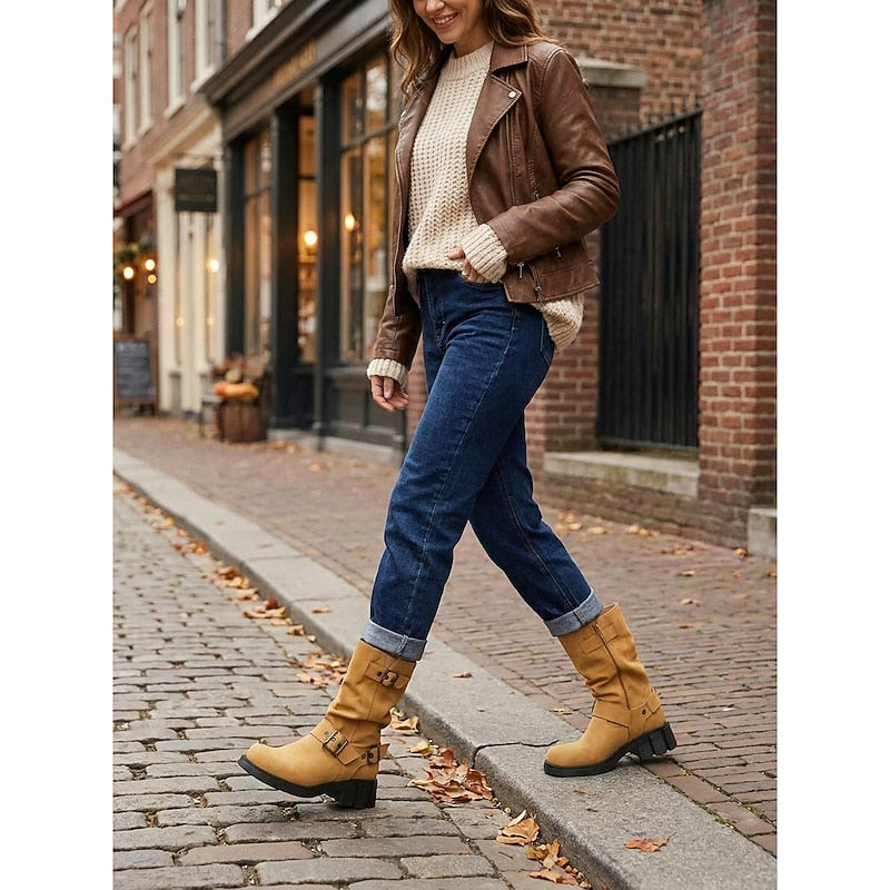 Women's Motorcycle Style Heeled Boots with Grip Sole