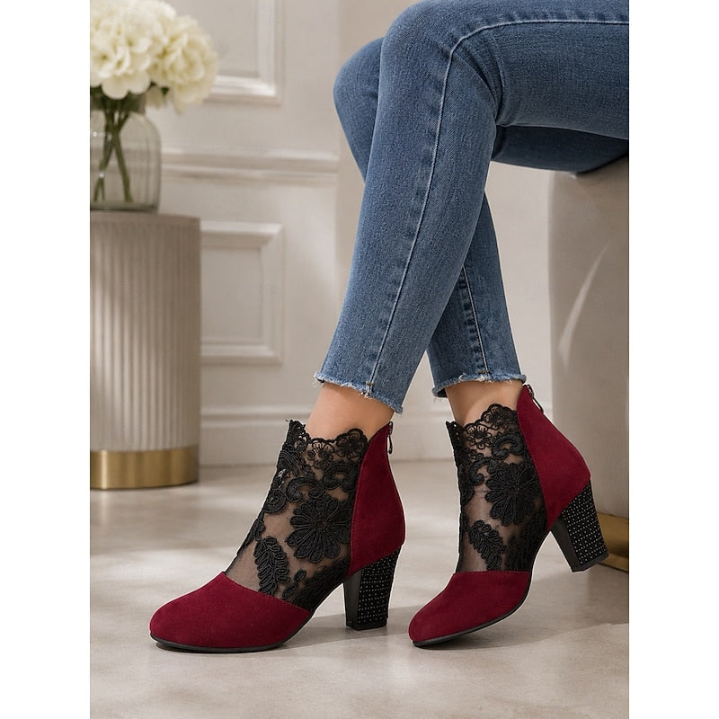 Women's Lace Overlay Heeled Ankle Booties with Floral Detail