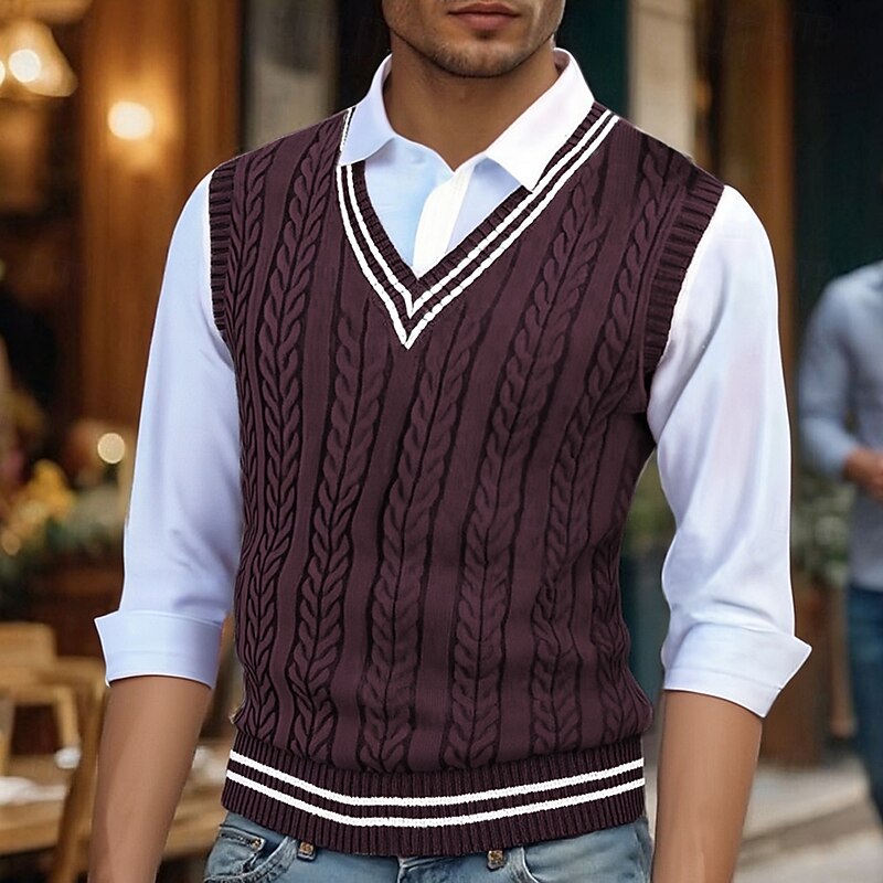 Men's Classic Striped Cable Detail Sweater Vest