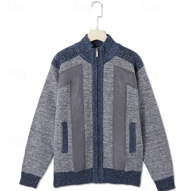 Men's Pocketed Zip-Up Lined Blocked Knit Cardigan Coat