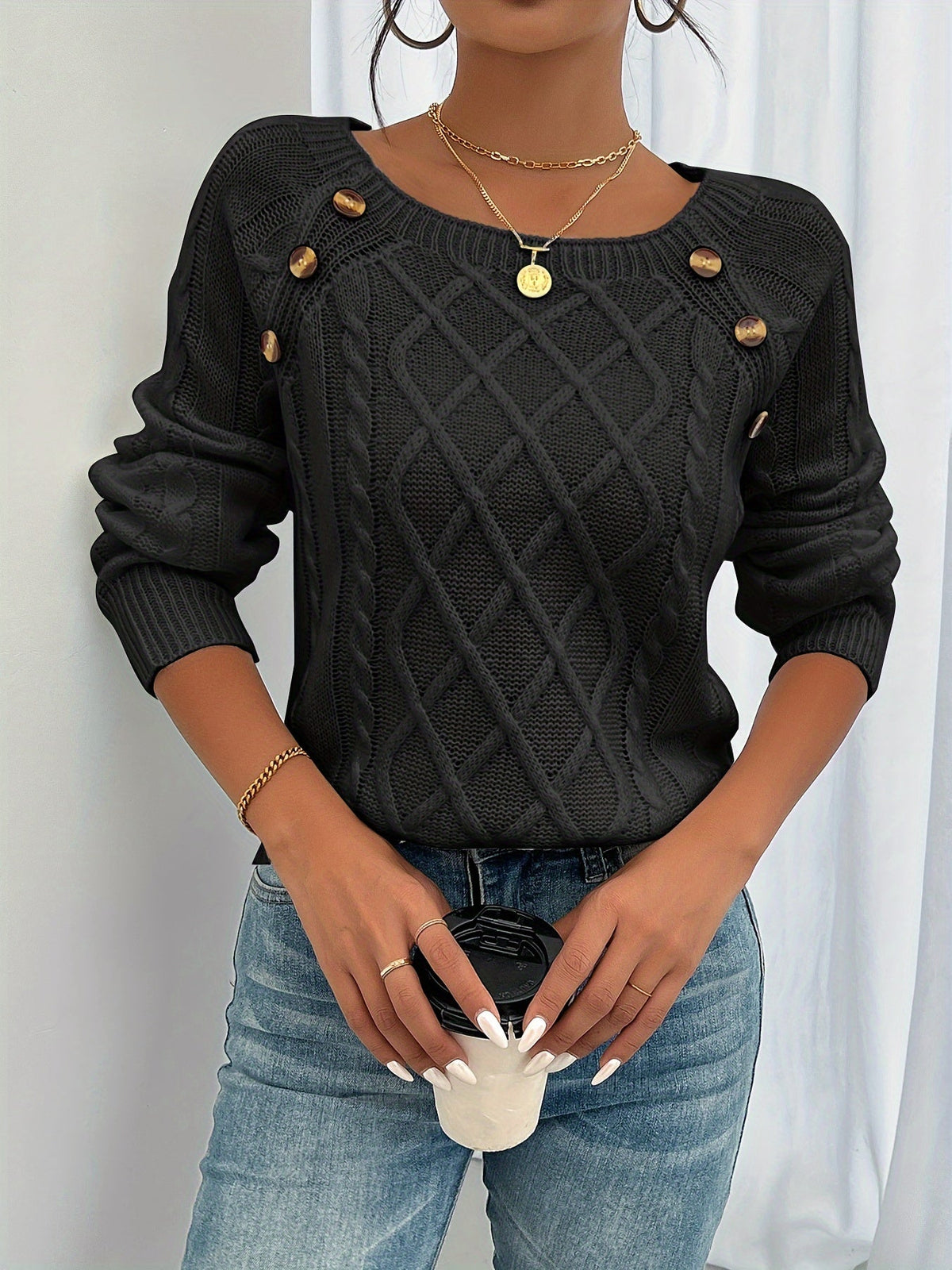 Women's Diamond Cable Pullover with Button Detail