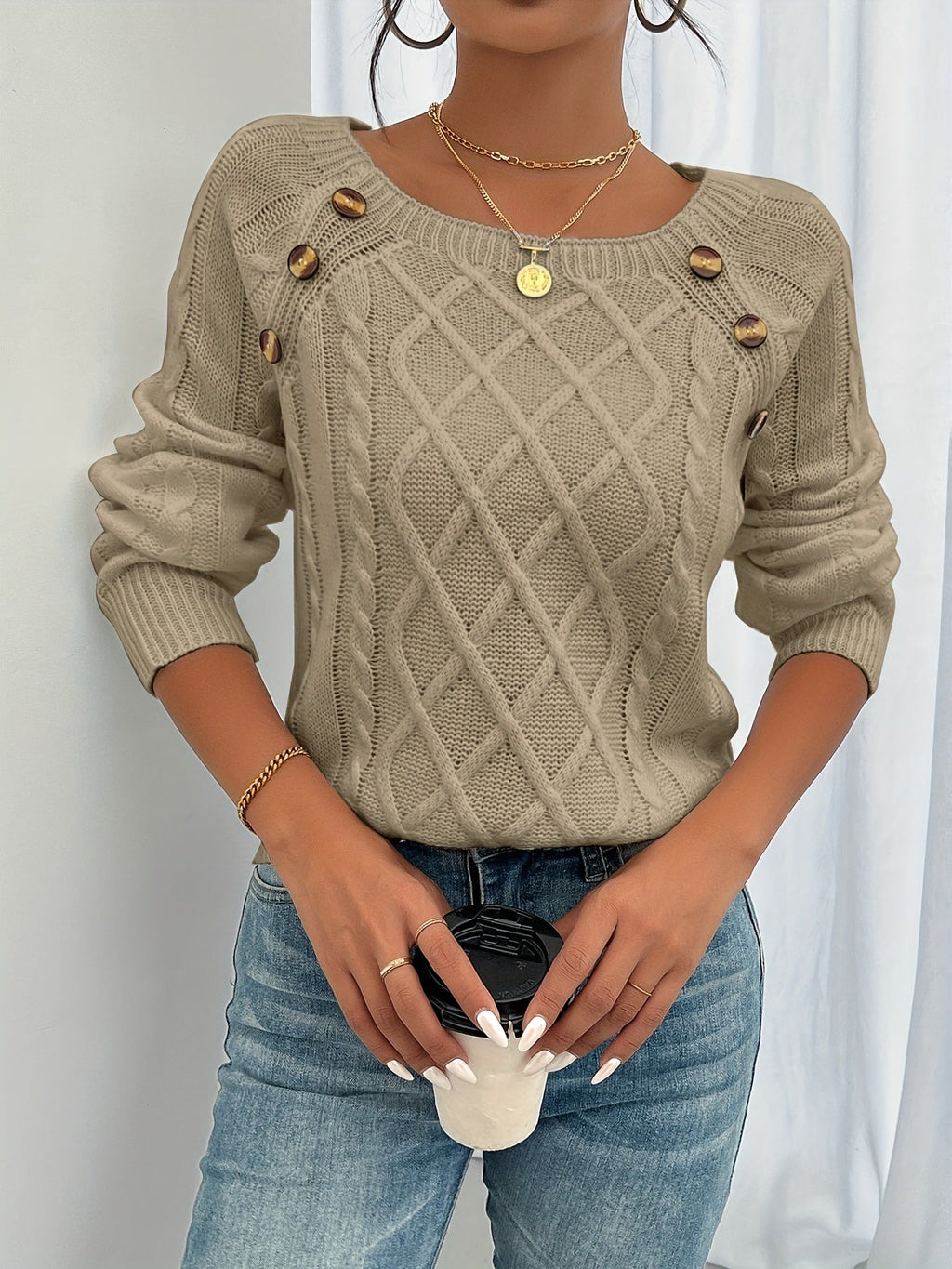 Women's Diamond Cable Pullover with Button Detail