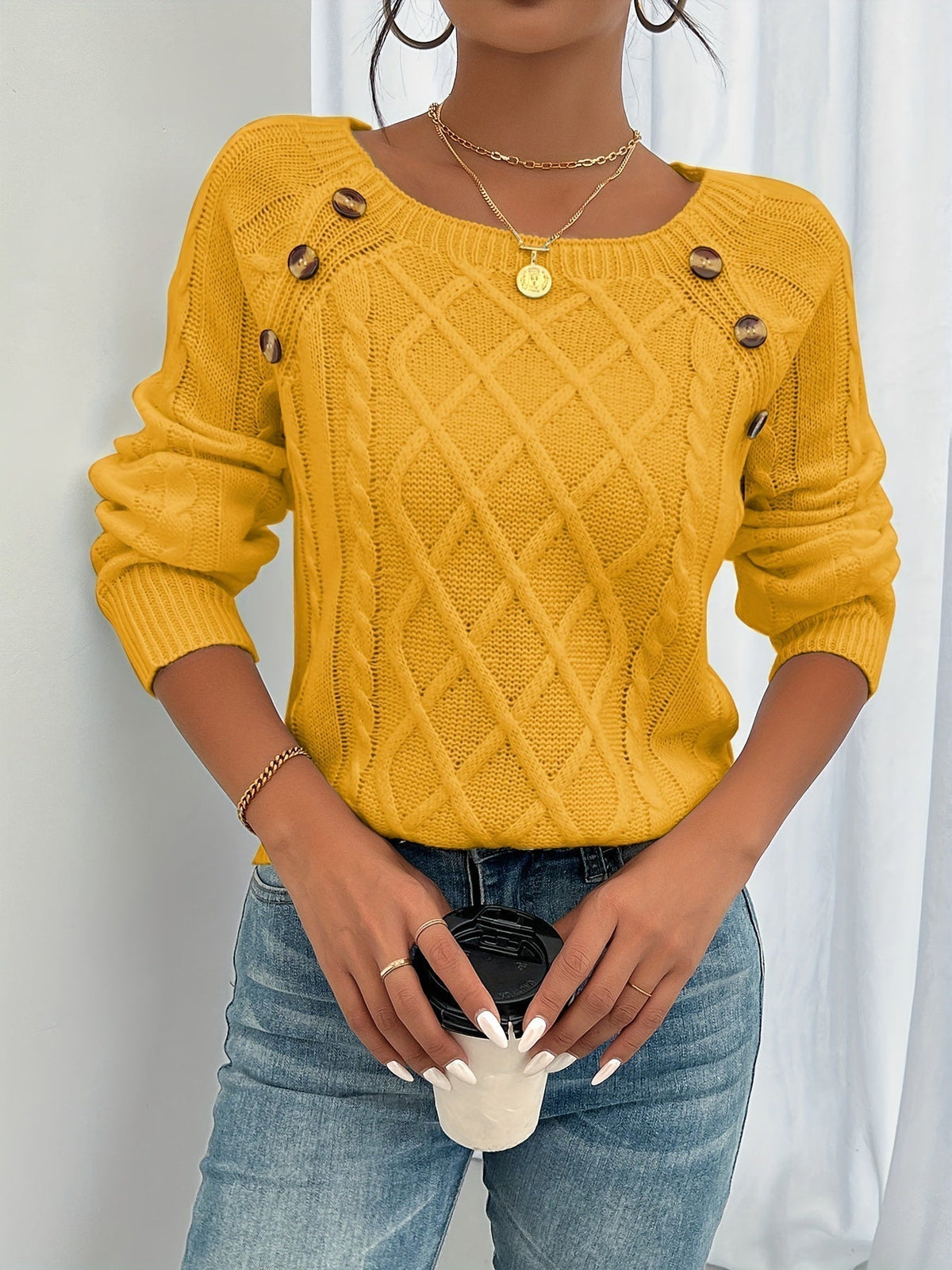 Women's Diamond Cable Pullover with Button Detail