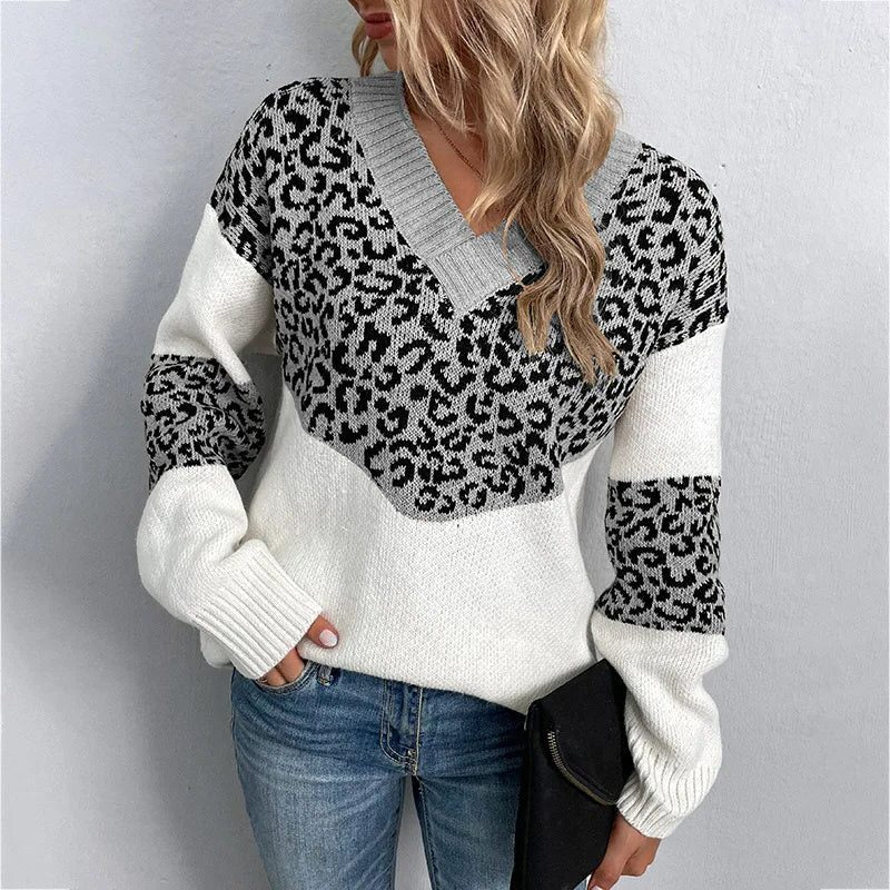 Women's Geometric Leopard Print V-Neck Work Sweater