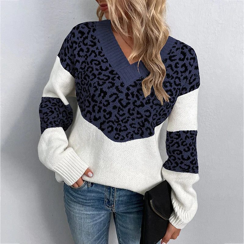 Women's Geometric Leopard Print V-Neck Work Sweater