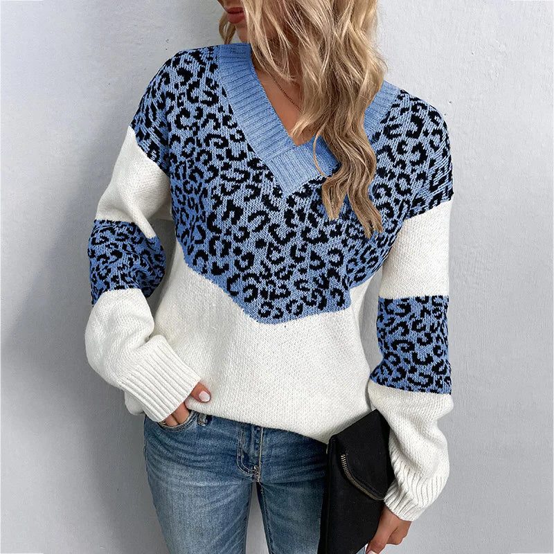 Women's Geometric Leopard Print V-Neck Work Sweater