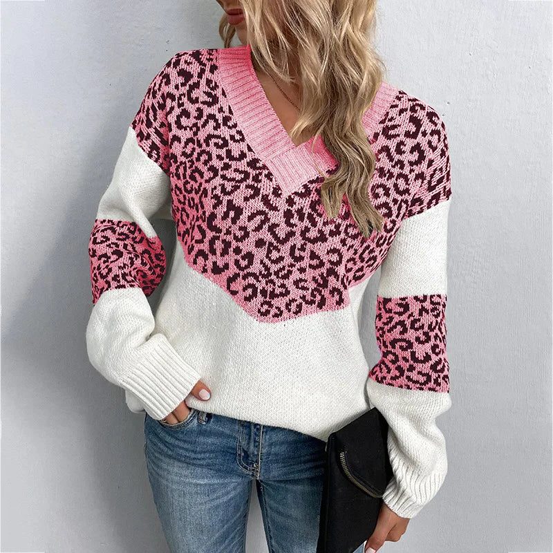 Women's Geometric Leopard Print V-Neck Work Sweater