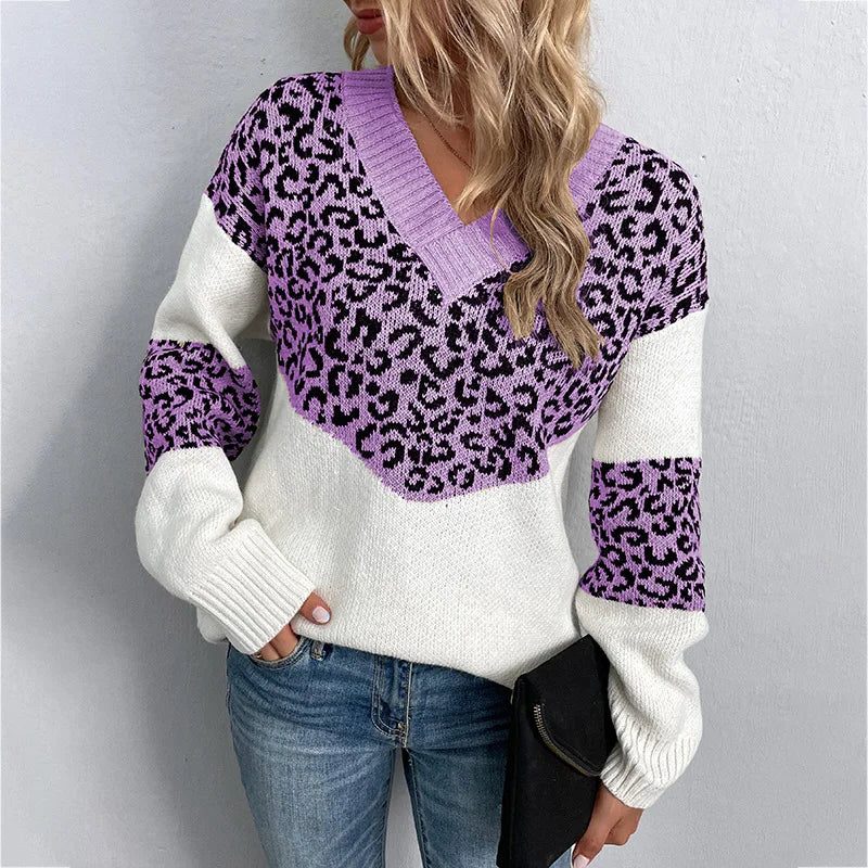 Women's Geometric Leopard Print V-Neck Work Sweater