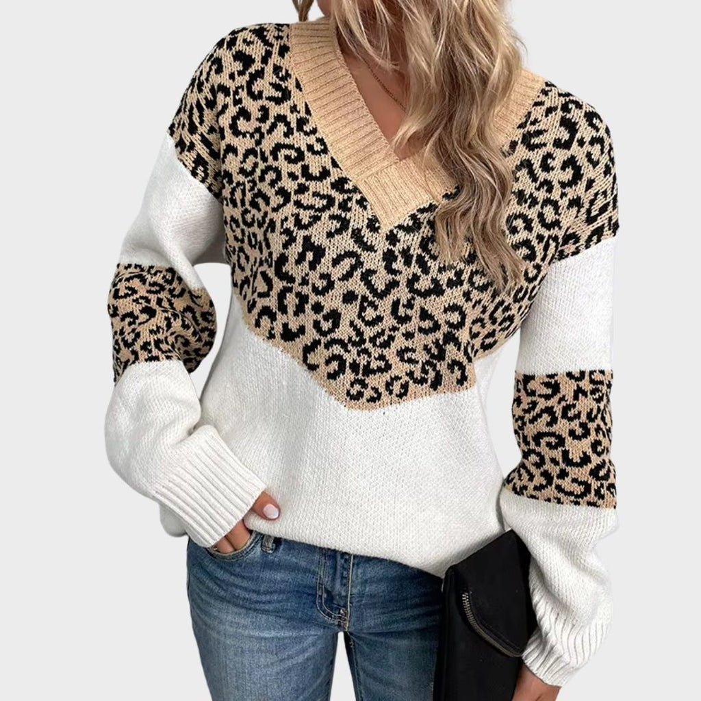 Women's Geometric Leopard Print V-Neck Work Sweater