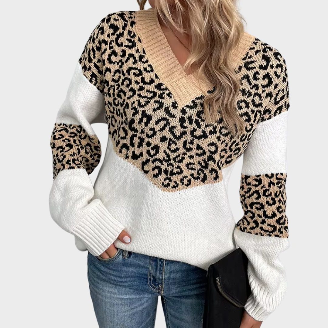 Women's Geometric Leopard Print V-Neck Work Sweater