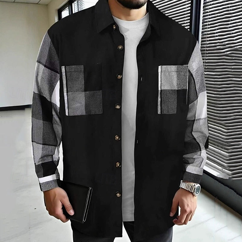Men's Contrast-Paneled Button-Front Shirt Coat