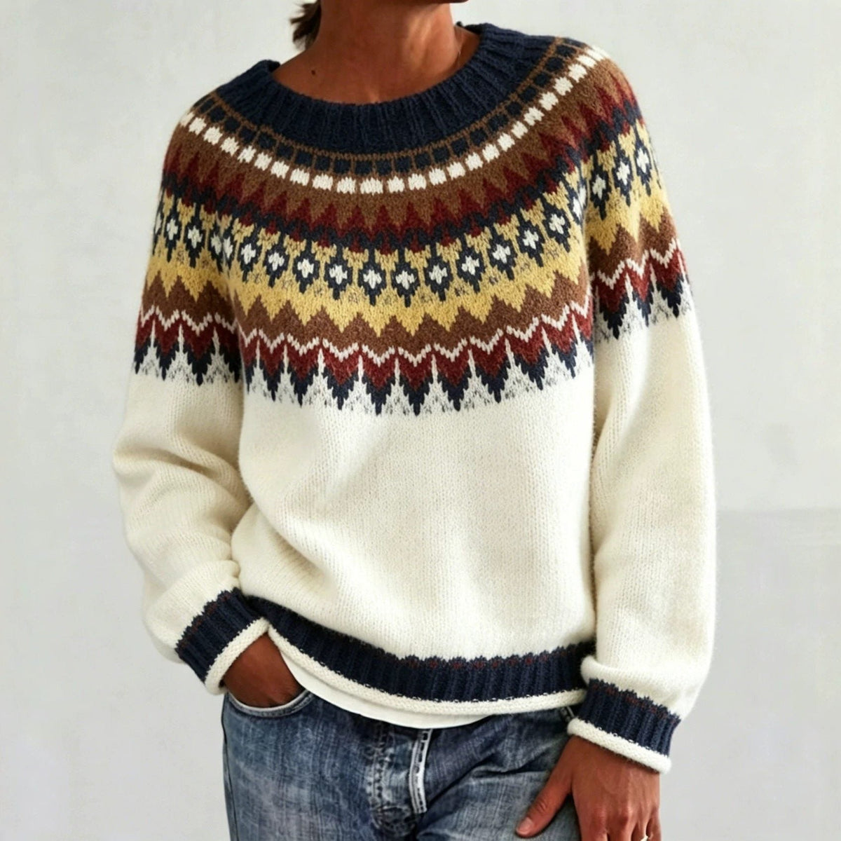 Men's Solid Knit Sweater with Fair Isle Yoke Detail
