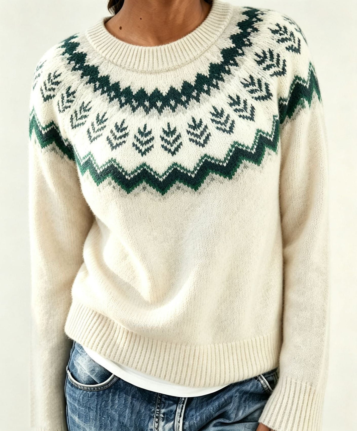 Men's Solid Knit Sweater with Fair Isle Yoke Detail