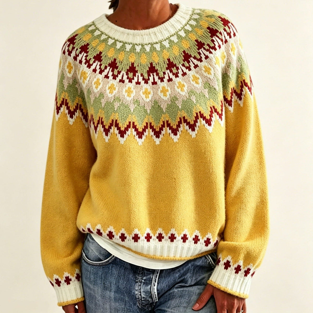Men's Solid Knit Sweater with Fair Isle Yoke Detail